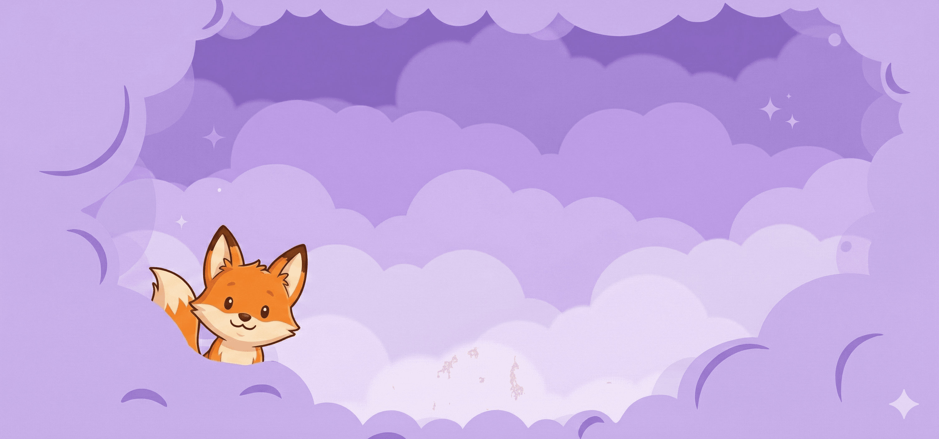 Une illustration ludique d'un renard amical en style cartoon, émergeant d'un groupe de nuages doux et moelleux, sur un fond pastel violet parsemé d'étoiles scintillantes, évoquant une atmosphère joyeuse et rêveuse, idéale pour le contenu destiné aux enfants.