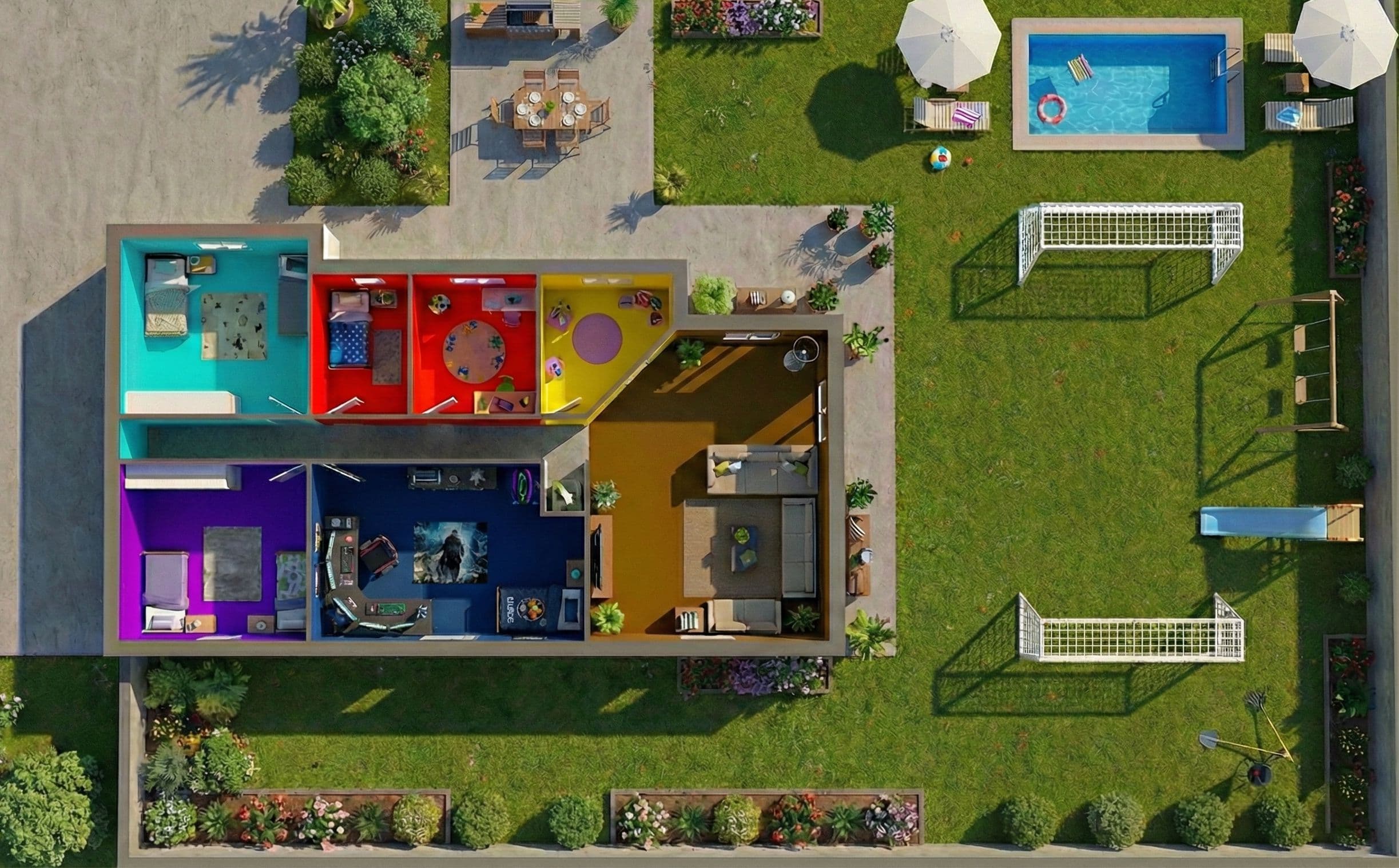 Vue aérienne d'un aménagement moderne de maison avec des pièces colorées en teal, rouge, jaune, orange et violet, entourées d'un grand jardin vert avec une piscine, des espaces de sièges, un terrain de jeu et des buts de football.
